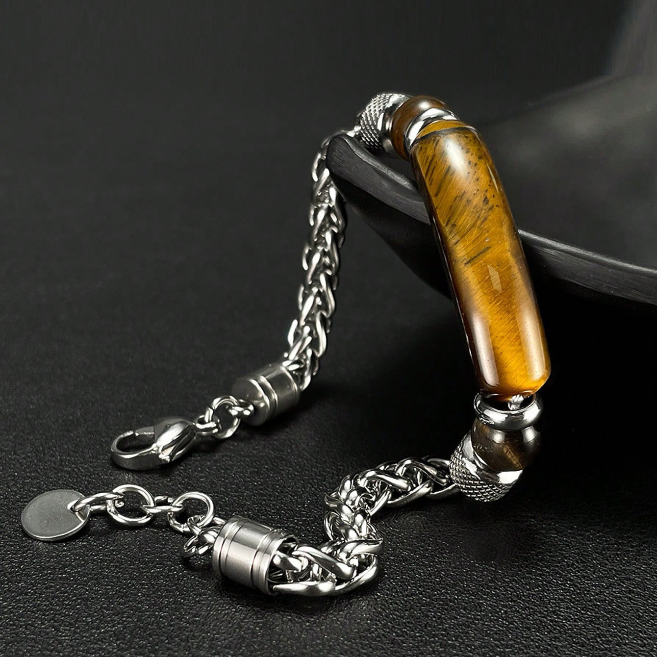 Wholesale Tiger Eye Stone Round Grinding Stainless Steel Black Stone Cuban Chain