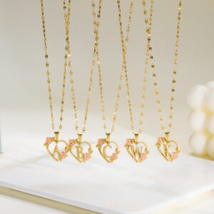 Wholesale 26 letter heart-shaped flower hollow stainless steel necklace