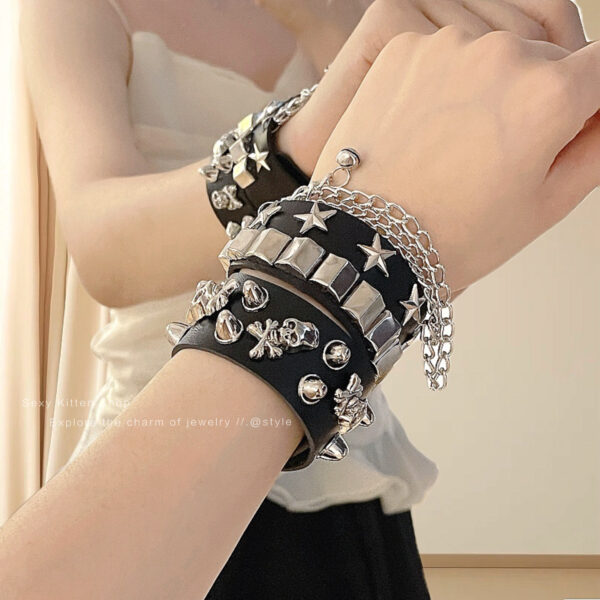 Wholesale Punk Leather Rivet Skeleton Wide Edge Bracelet
