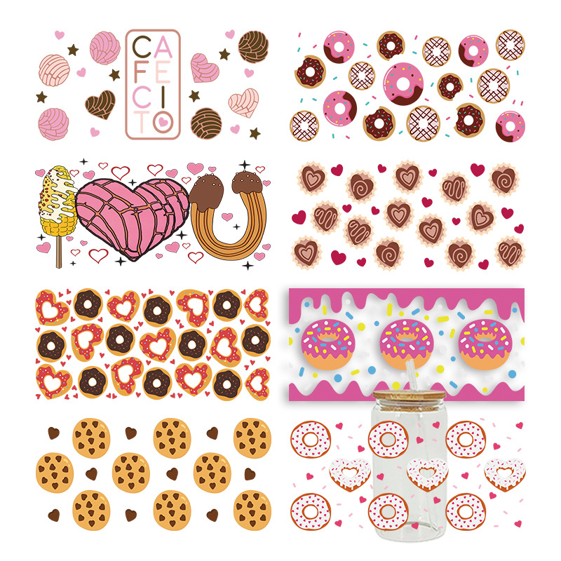 Wholesale Pink Cartoon Heart Sweet Donut 16oz C UV DTF Wraps