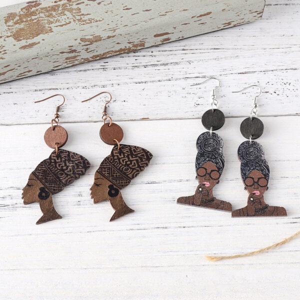 Wholesale Black History African Style Queen Head Pendant Wooden Double-Sided Earrings