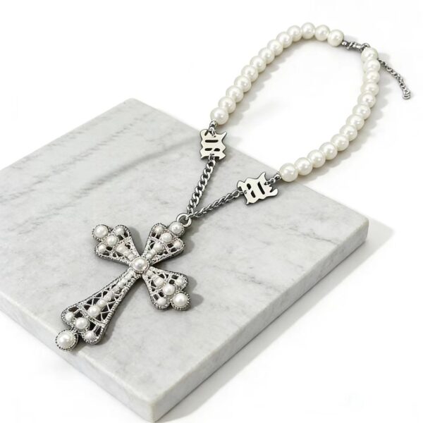 Wholesale Punk style pearl exaggerated cross pendant necklace