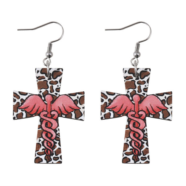Wholesale Cross Leopard Angel Pendant Earrings Wooden Double-sided Earring Gift