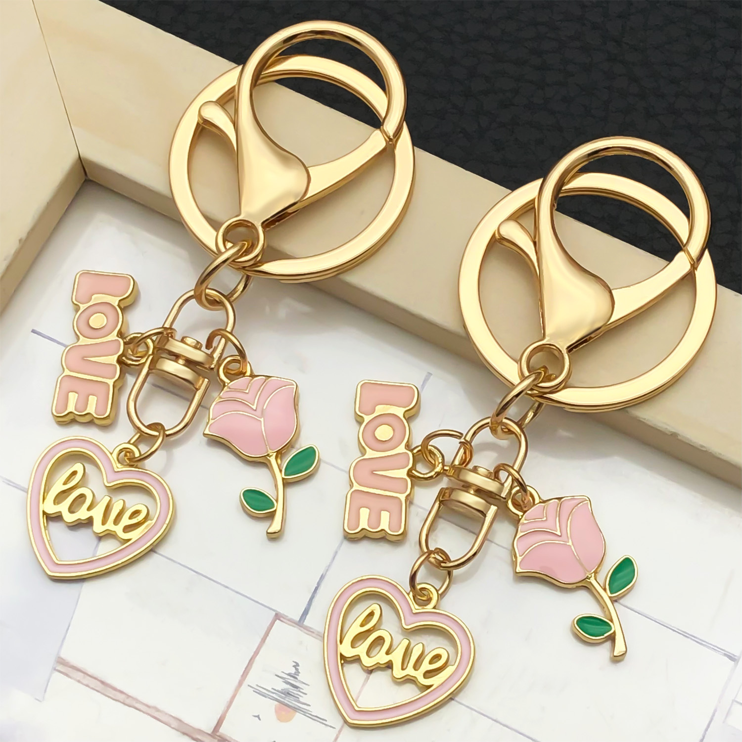 Wholesale Valentine's Day Pink Love Heart Rose Keychain