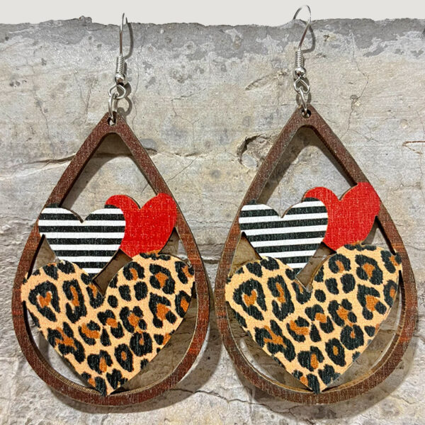 Wholesale Wooden hollow heart-shaped Valentine's Day pattern splicing earrings