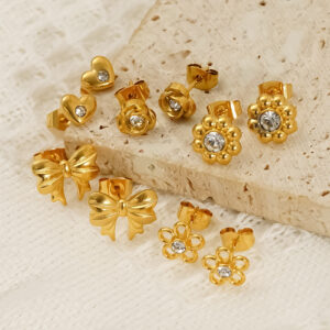 Wholesale Stainless Steel Heart Flower Hollow Zircon Bow Earrings