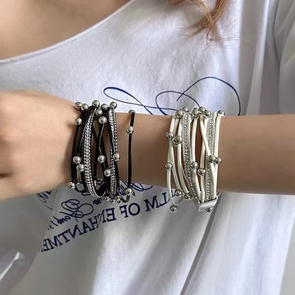 Wholesale Two-Ring Beaded Leather Bracelet Multi-Layer Leather Bracelet Women's