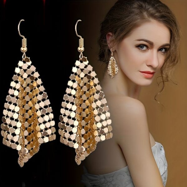 Wholesale Metallic sequin tassel square geometric long earrings