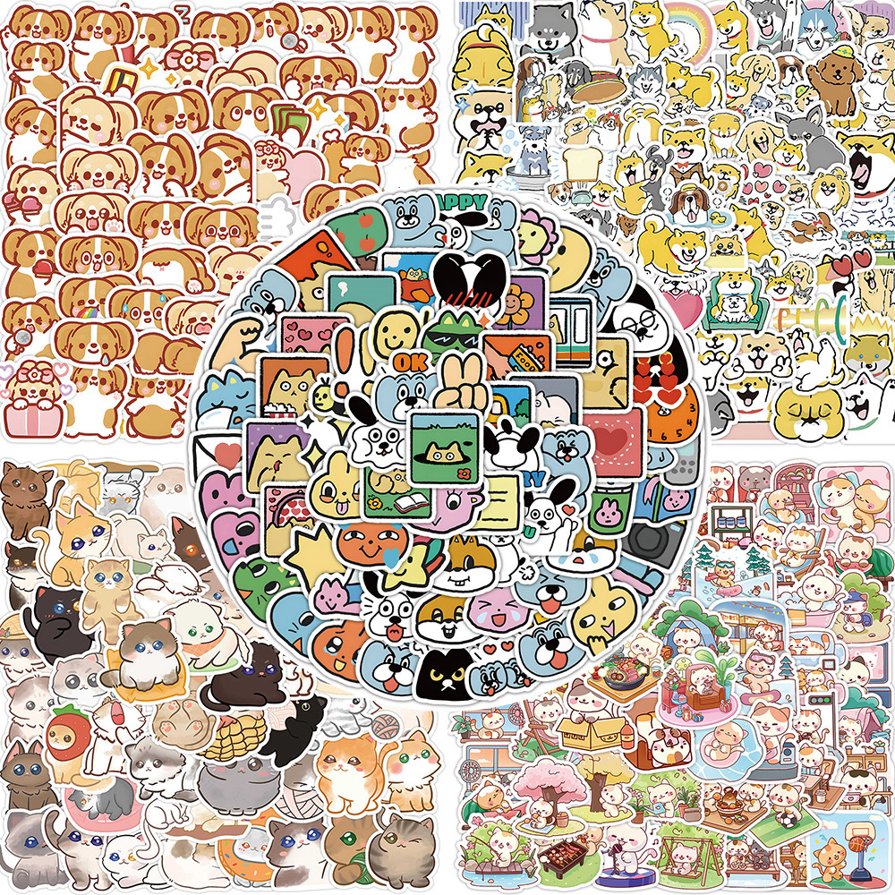 Wholesale 100 Cartoon Cute Kittens and Ppies Waterproof Vinyl Stickers