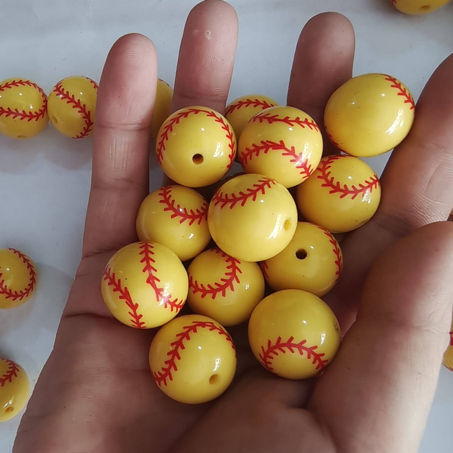 Wholesale 20mm Acrylic Yellow Baseball Print Beads