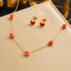 Wholesale Red Enamel Heart Pendant Necklace Earrings Gold-plated Jewelry Set