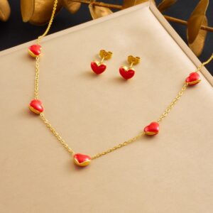 Wholesale Red Enamel Heart Pendant Necklace Earrings Gold-plated Jewelry Set