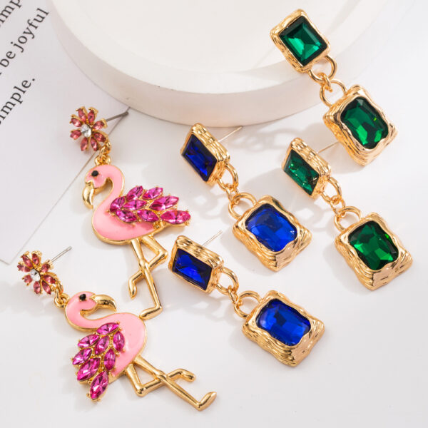 Wholesale Square colored diamond studded flamingo earrings