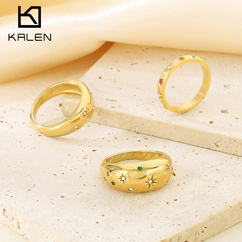 Wholesale Single row diamond studded colorful octagonal star stainless steel ring