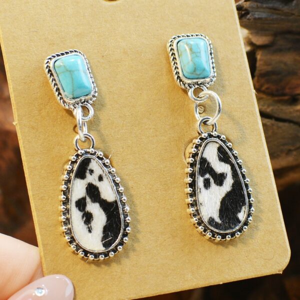 Wholesale Turquoise Inlaid Western Cowboy Earrings Plush Cow Semi-Circle Cut Out Leopard
