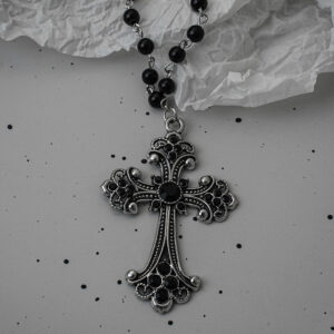 Black diamond-studded large cross pendant necklace with black beads