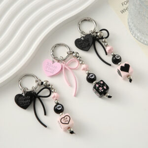 Wholesale Heart shaped bow square beads black pink keychain