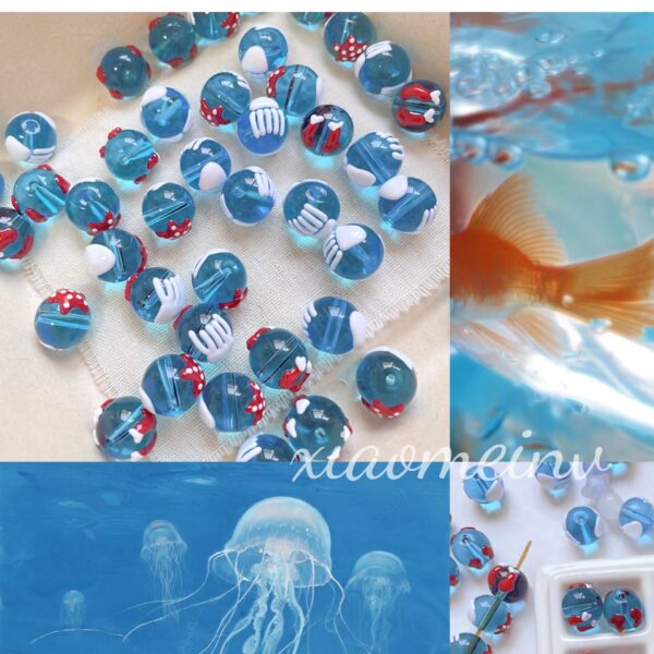 Wholesale 10pcs ocean hand drawn transparent blue jellyfish starfish glass beads