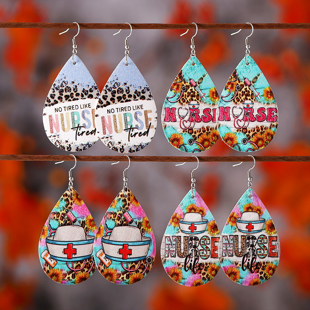 Wholesale Nurse's Day western style leopard print suower leather pendant earrings