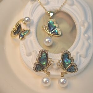 Wholesale White Pearl Abalone Shell Butterfly Necklace Earrings Ring