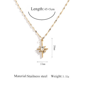 Stainless steel jewelry necklace with six-pointed star and diamonds