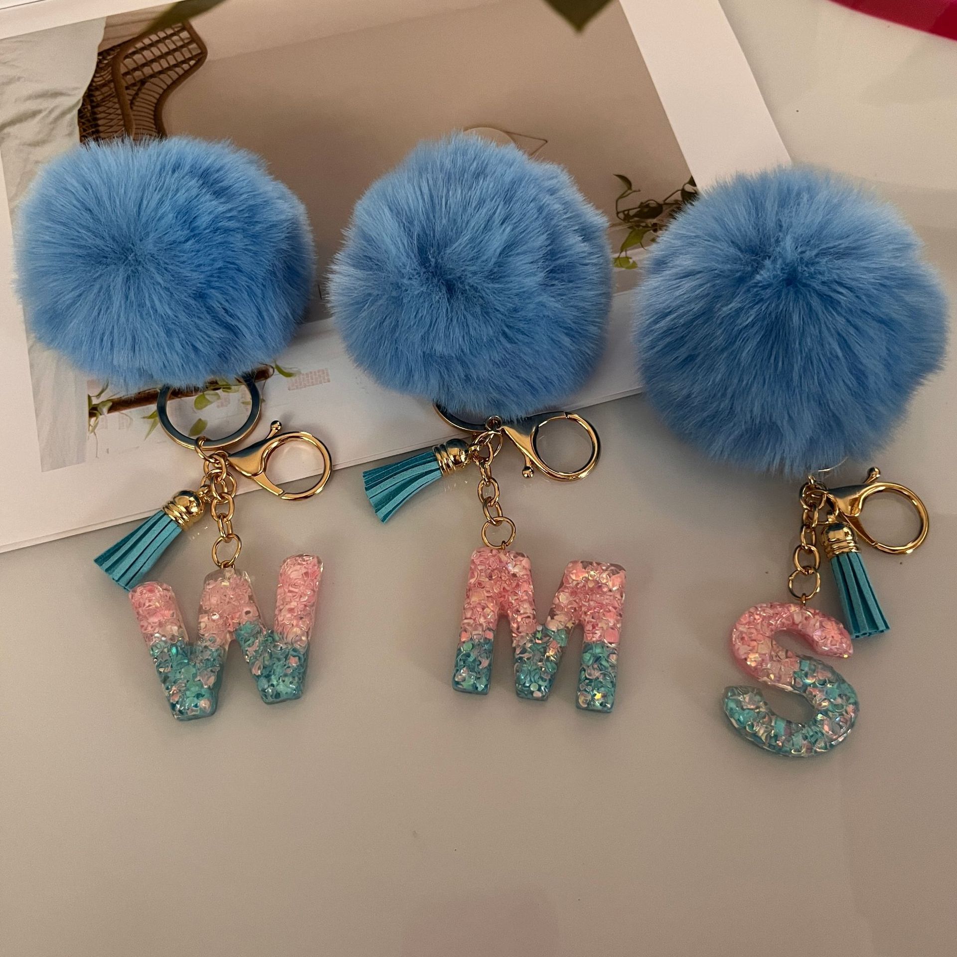 Wholesale Blue letter ball pendant letter keychain