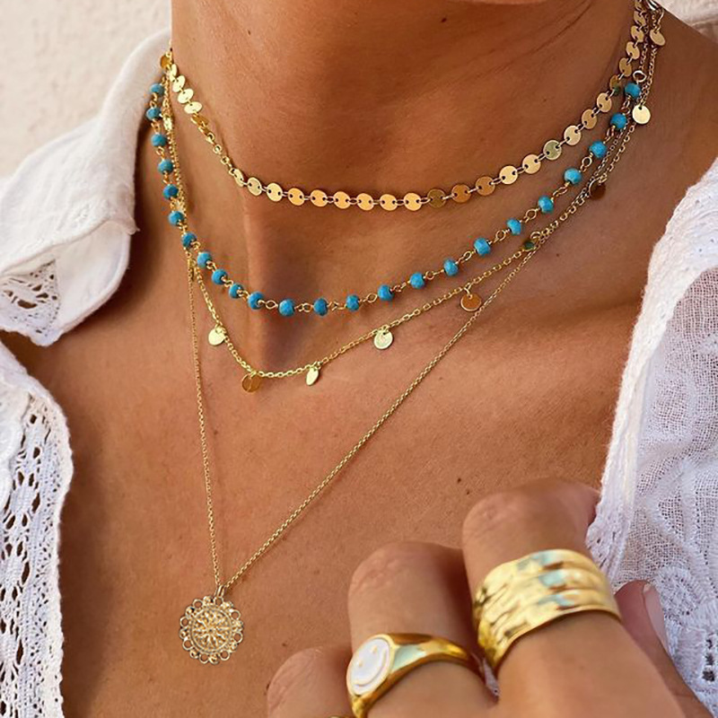 Wholesale Jewelry Retro Ethnic Style Turquoise Metal Flower Plate Sequin Necklace