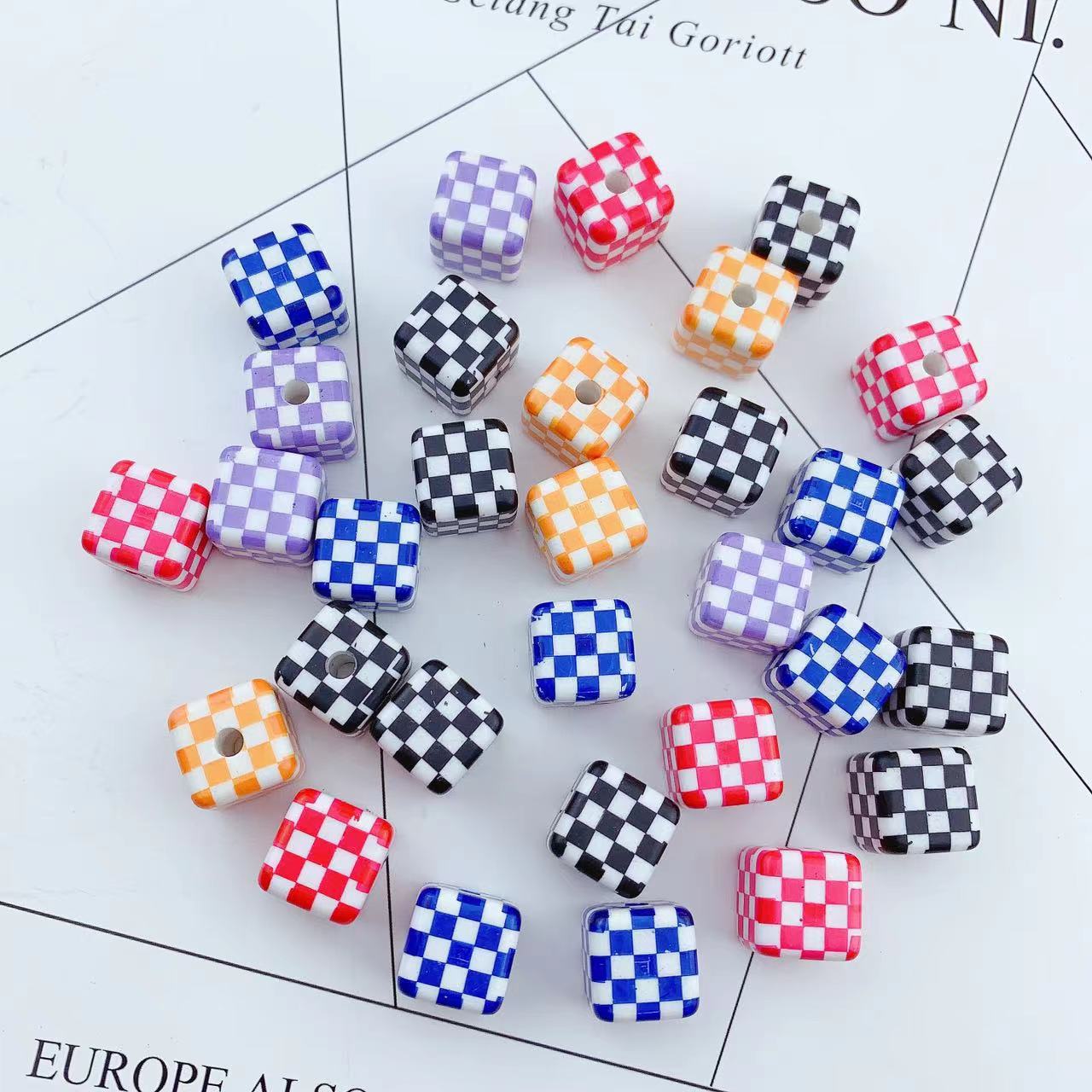 Wholesale colorful checkerboard printed square acrylic beads