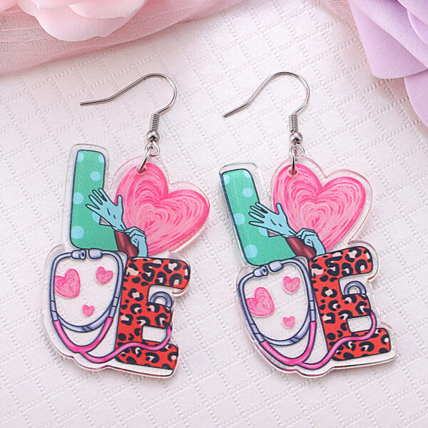 Wholesale LOVE Stethoscope Heart Leopard Print Pendant Earrings
