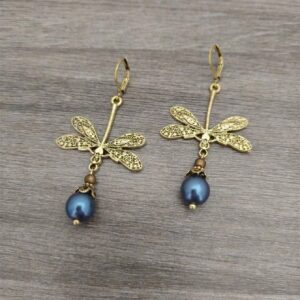 Ancient golden dragonfly blue beads