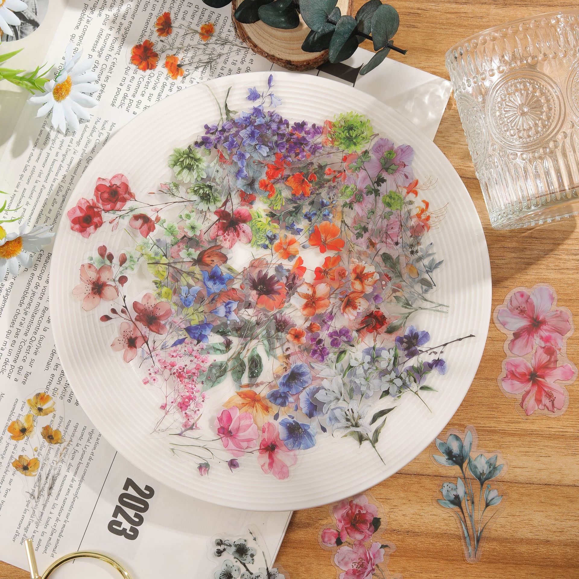 Wholesale colorful ink wash diverse flowers Waterproof Vinyl Stickers