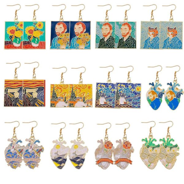 Wholesale Oil painting Starry Night Sunflower Butterfly Ocean Pattern Earrings