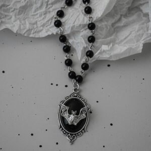 Black crystal bat pendant-black bead necklace