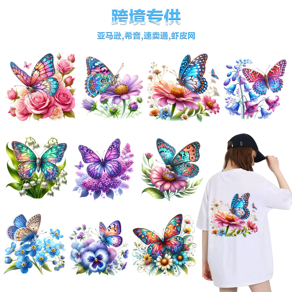 Wholesale Cross-Border Floral Clothing Butterfly Heat Transfer Printing Stickers Custom Oset Heat Transfer Printing In-Stock Wholesale White Ink Heat