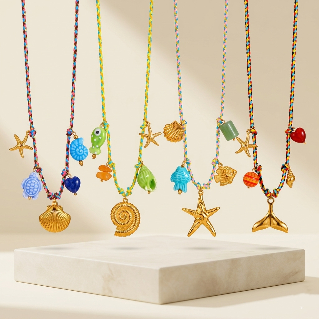 Wholesale Ocean Series Elf Knot Natural Stone Pendant Colorful Braided Necklace Titanium Steel Pendant Fashion Necklace