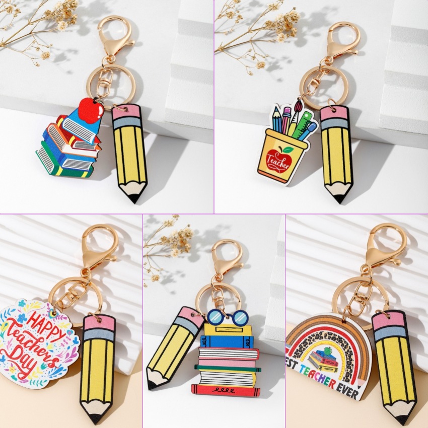 Wholesale Teacher's Day Rainbow Pencil Wooden Label Tassel Keychain