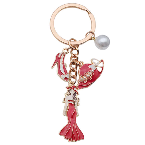 Wholesale Cross-border oil drop red alloy princess dress model hat high heels pearl keychain niche jewelry pendant