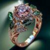 Wholesale Bright Pink Zircon Green Leaf Oil Drop Flower Plant Ring