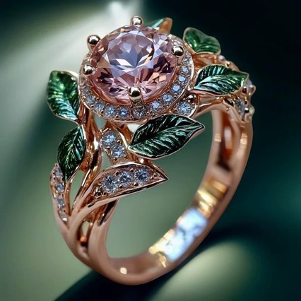 Wholesale Bright Pink Zircon Green Leaf Oil Drop Flower Plant Ring