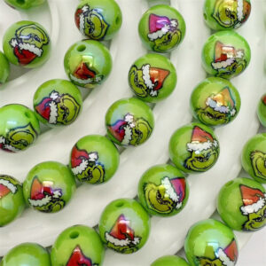 Wholesale Cross-Border Acrylic Printed Grinch Cartoon Round Beads Beaded Accessories Mobile Phone Key Chain Handmade DIY Loose Beads