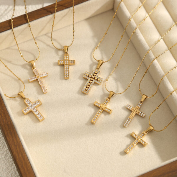Wholesale Diamond studded cross chain stainless steel necklace