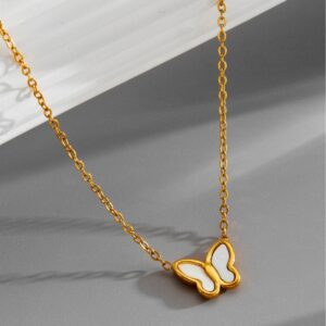 Wholesale Titanium Steel White Shell Butterfly Necklace