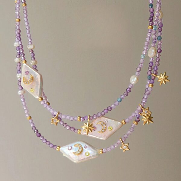 Wholesale Natural Moon Star Purple Beaded Zircon Necklace