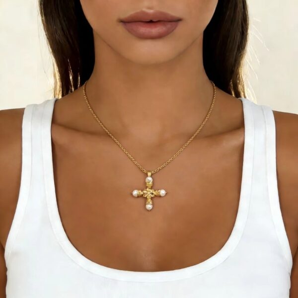 Wholesale Golden pearl zircon cross Baroque style necklace