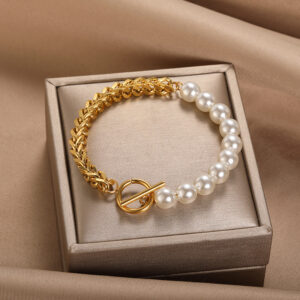 Wholesale personality stitching chain Pearl stainless steel bracelet