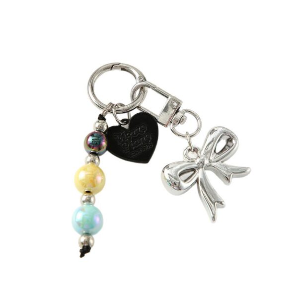 Wholesale Colored bead heart shaped bow metal keychain