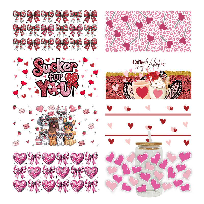 Wholesale Pink Cartoon Heart Valentine's Day 16oz C UV DTF Wraps