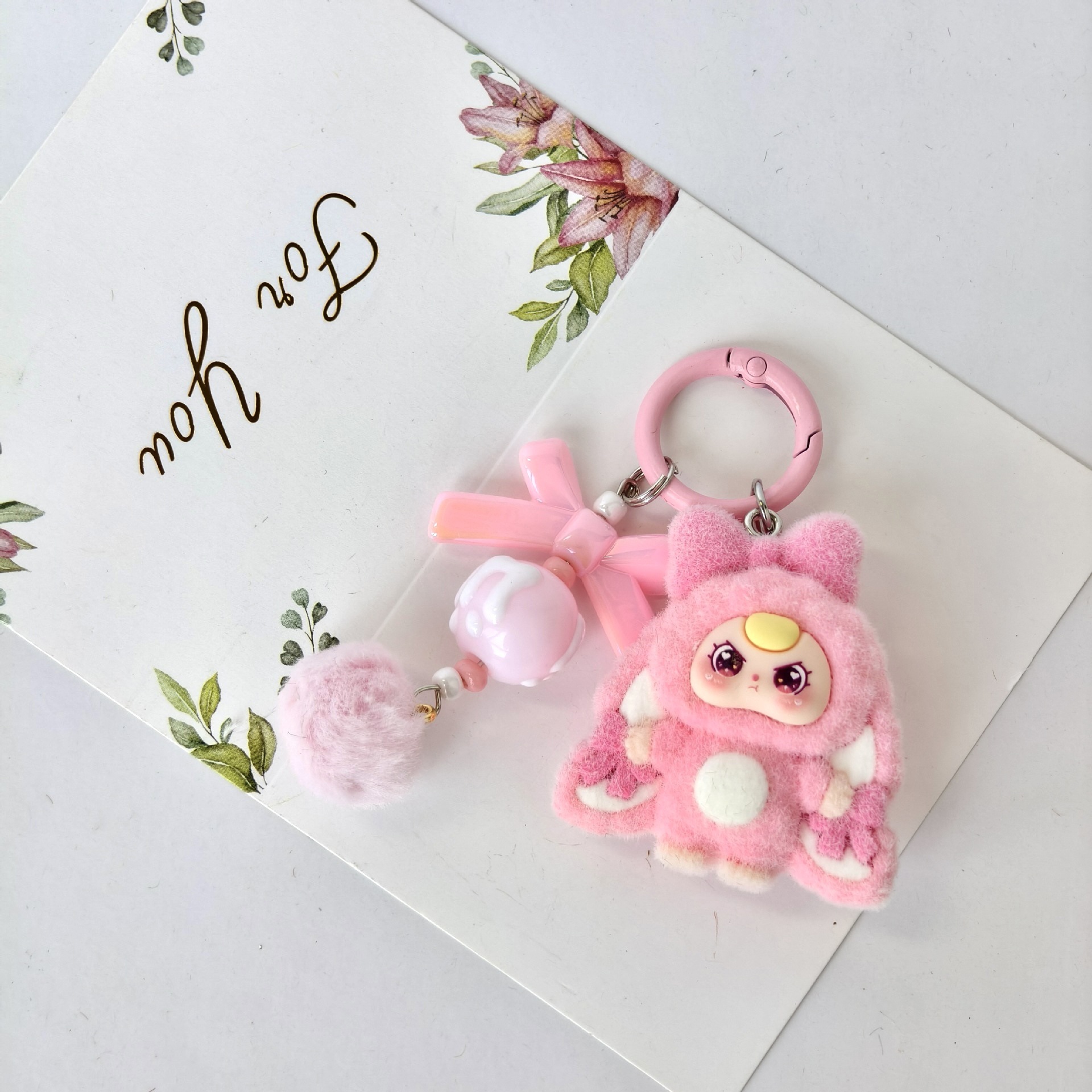 Wholesale Cross-border 3D flocked DIY jewelry aessories for three-year-olds, cartoon cute grain keychains, bag charms, trendy toy pendants