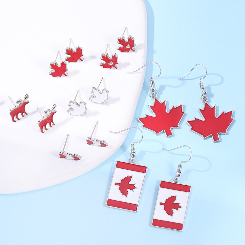 Wholesale New Canadian Flag Earrings Zinc Alloy ipping Oil Red Maple Leaf Earrings