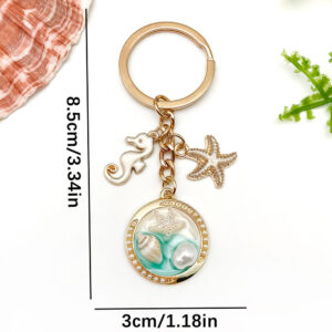 Er1923-green oil dripping oil painting style conch, starfish and seahorse keychain-10g [1 piece]
